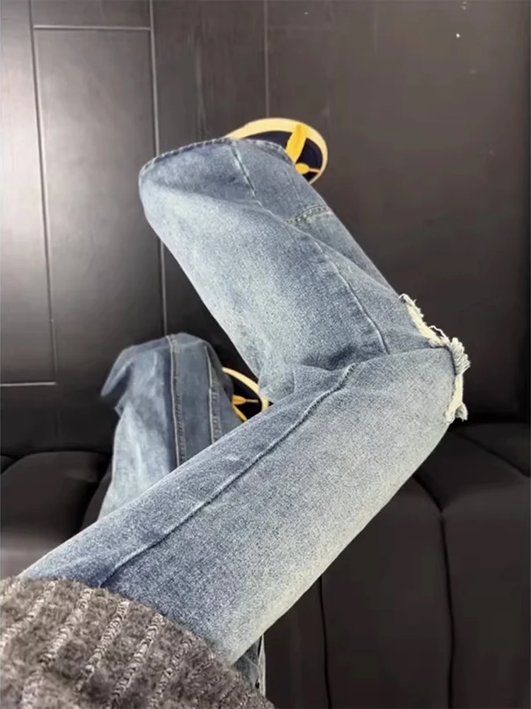 

American Sle High Street Men's Jeans High Waist Straight Leg Workwear Design Hole Punching Cool Haome Casual Pants