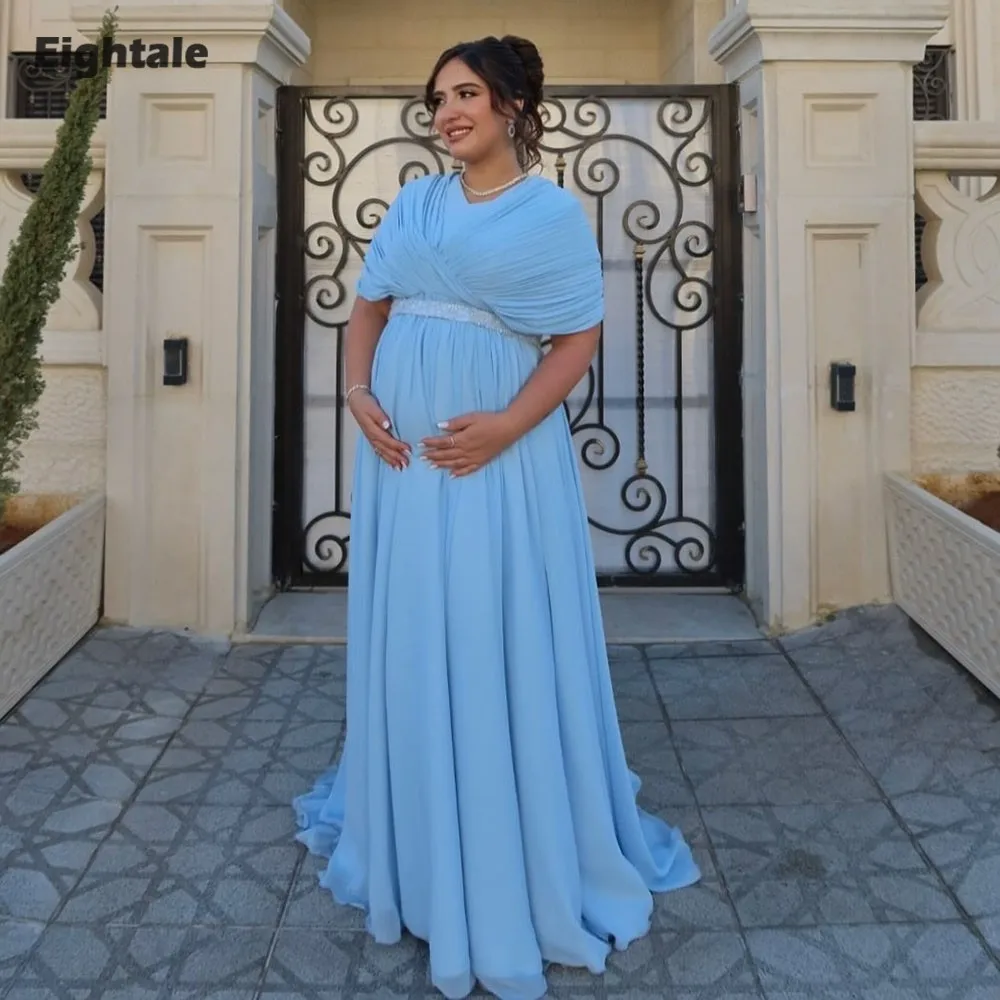 

Eightale Arabic Evening Dress for Pregnant Women V-Neck Customized A-Line Light Blue Chiffon Maternity Prom Wedding Party Gown