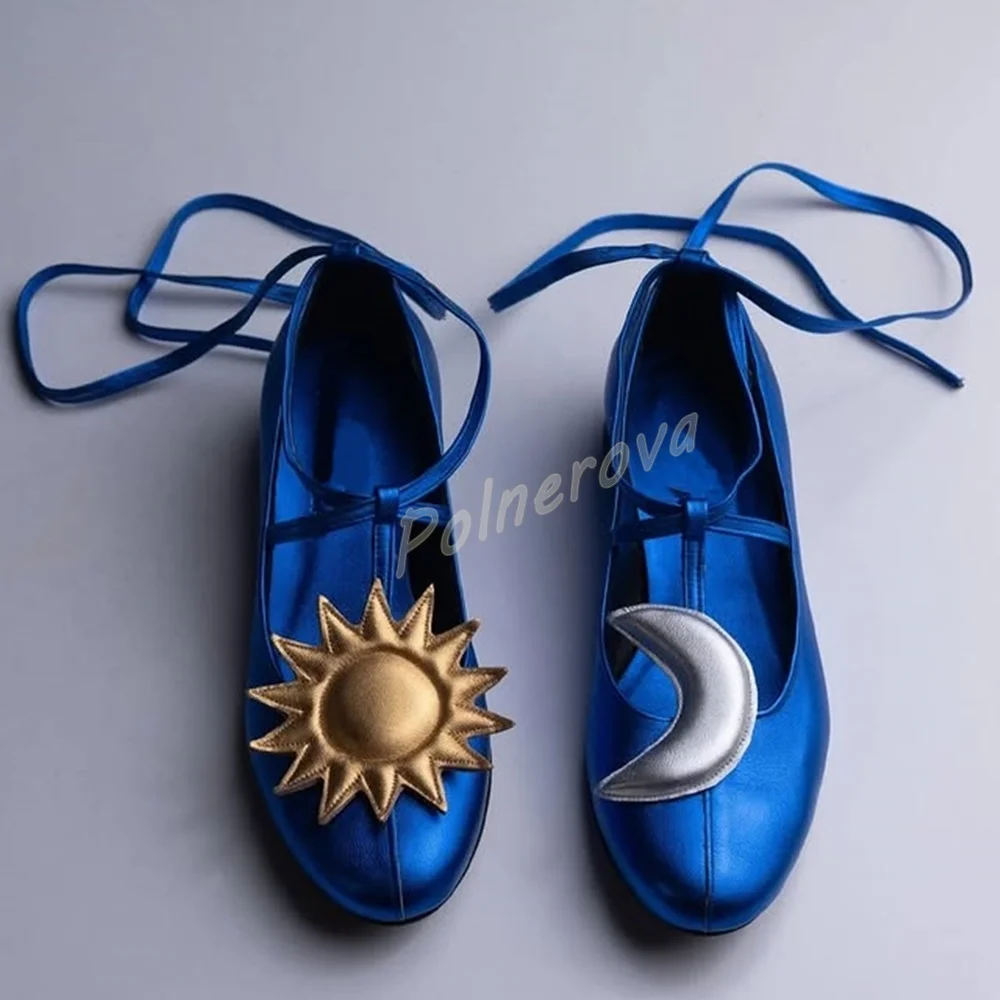 Sun Moon Flat Ballet Pumps Women Ankle Lace Up Round Toe Metallic Mary Jane Shoes Party Dress Women Patchwork Leather Shoes