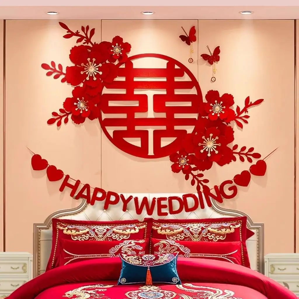 

Chinese wedding room decor living room Xizi sofa entrance wedding room decor bow Xizi decoration flowers
