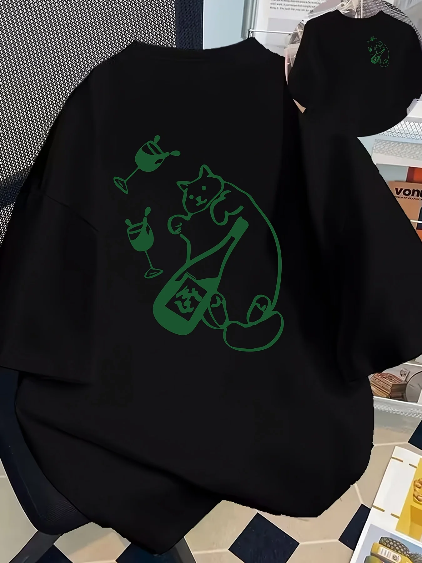 Women Short Sleeve T Shirt Line Art Cat With Wine Bottle Glass Graphic Crew Neck Tees Soft Tops For Women Daily Street Wear