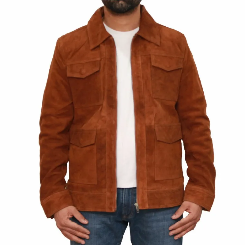 Men's Real Sheepskin Suede Leather Jacket Biker Zipper TAN Luxury Fashion Outfit