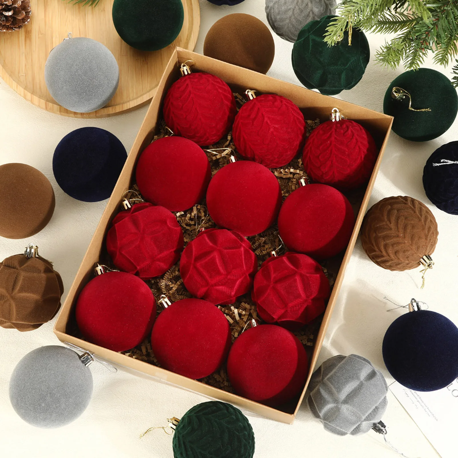 

12pcs/8cm Flocking Christmas Balls Velvet Ball Christmas Tree Pendant Wine Red Dark Green Christmas Decoration Plastic Balls
