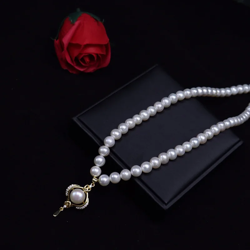 Mother's Day Freshwater Pearl Necklace Set 7-8mm Small Bulb Glossy Beads Round with Music Gift Box as Pictured