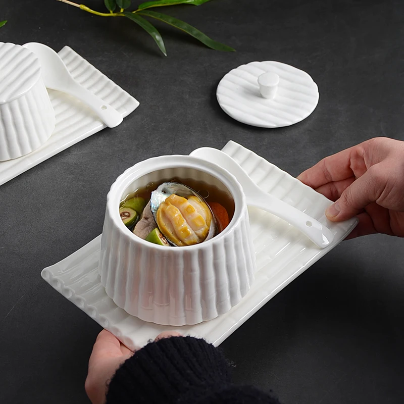 White Chinese Water-proof Stew Restaurant Dessert Bird's Nest Bowl with Dish Lid Spoon Home Ceramic Soup Cup Creative Tableware