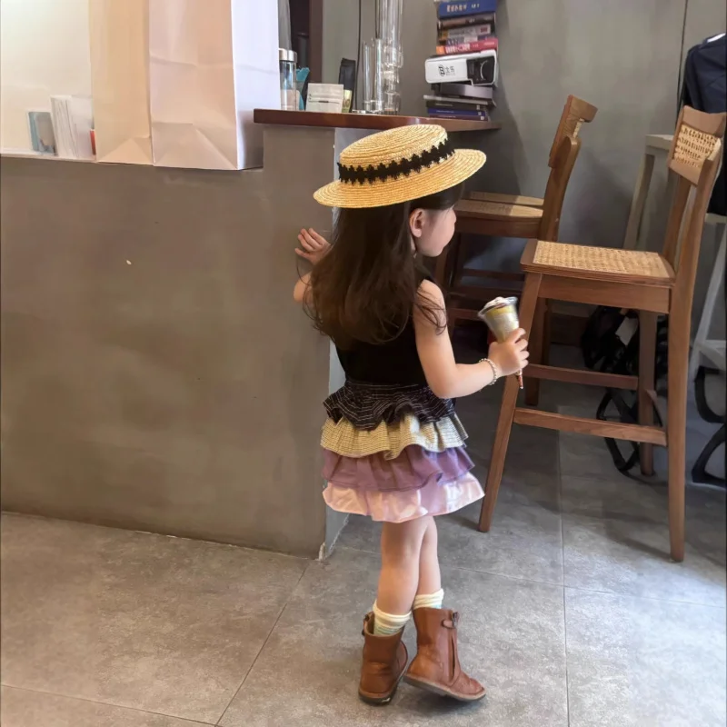 

2026Summer Girls' niche designVCollared sleeveless top with a layered cake skirt design set