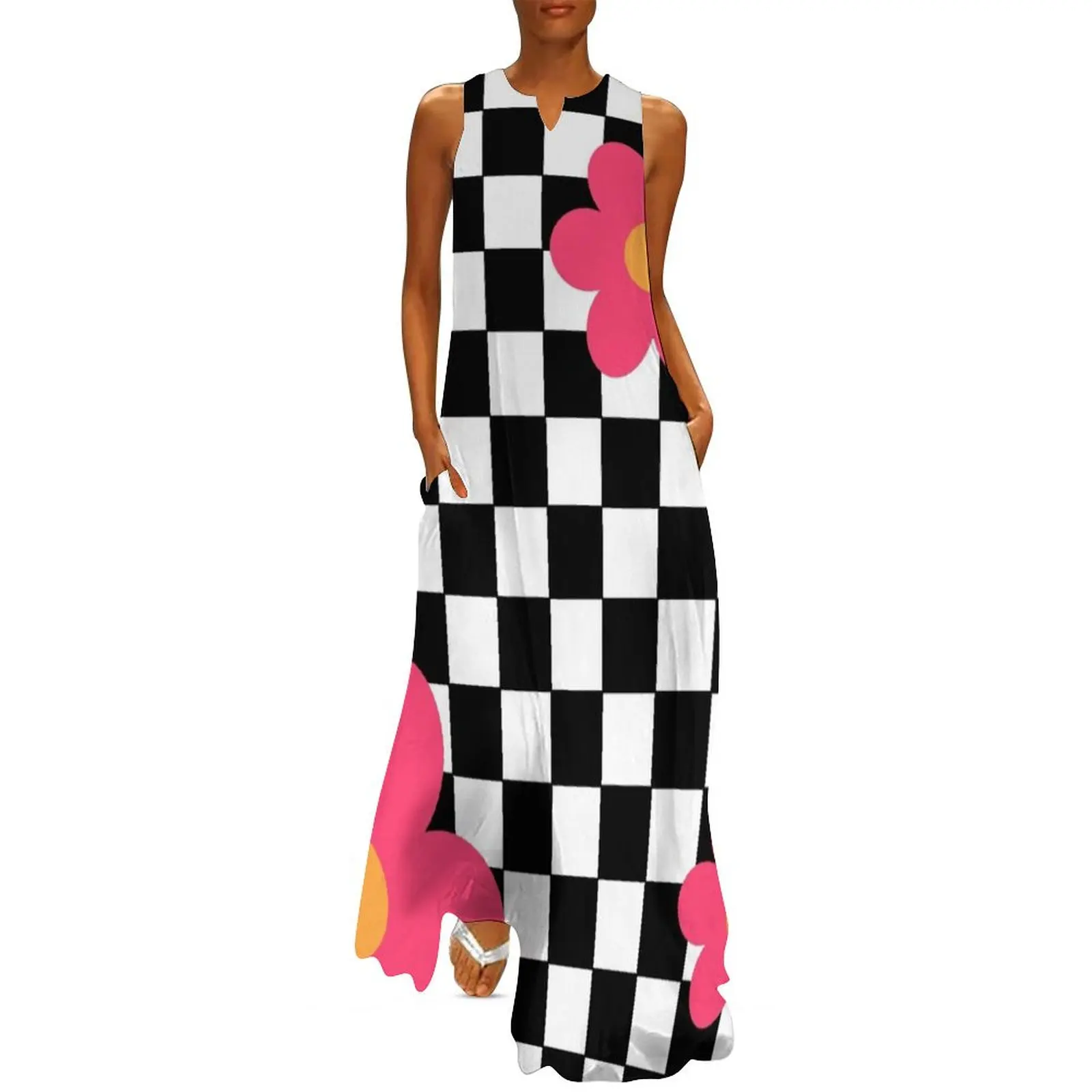 

Retro Checkerboard Flowers Mod Long Dress evening dresses women summer dress woman 2025 trendy summer dress daily