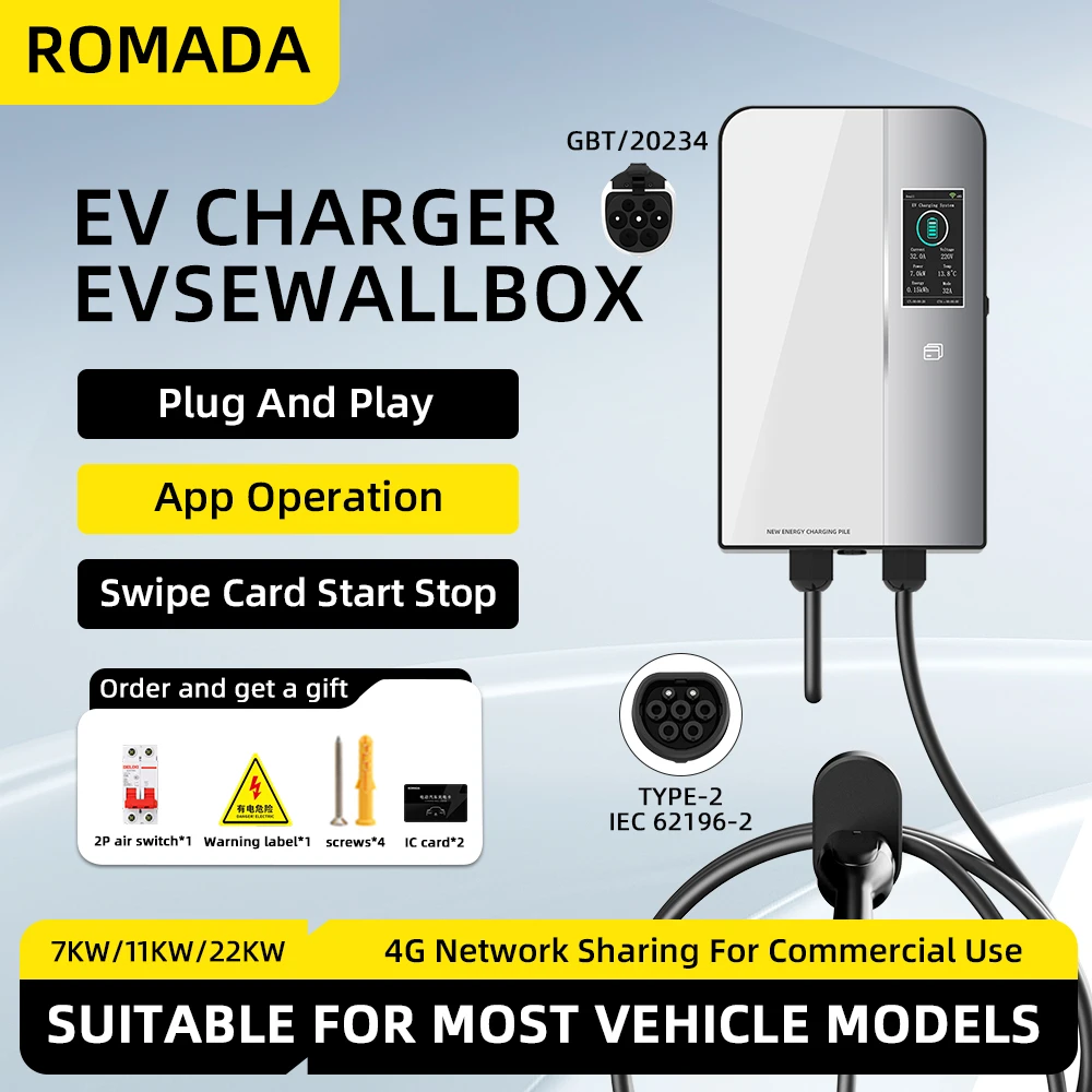 

ROMADA 22KW Electric Vehicle Charger Wallbox Car Charging Station Cable IEC62196 Type2 GBT20234 APP Control EV Charging Station