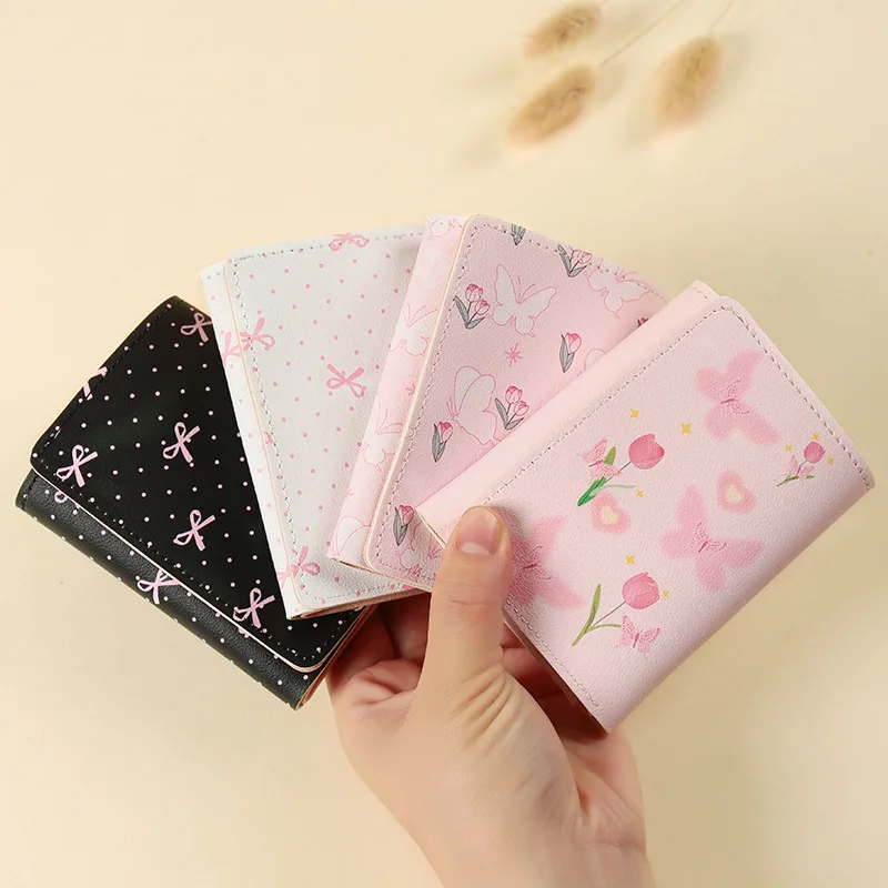 

1pc Girls Short Tri-fold Wallet Cute Printed Bow Multi-function Coin Purse ID Card Holder Sweet Flower Photo Card Bag