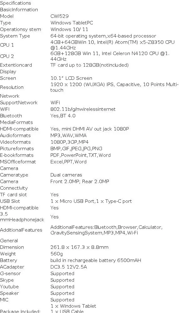 1920*1200 IPS 10.1" Windows 11 Tablet 6GB RAM 128GB ROM 64-bit Intel Celeron N4120 CPU WIFI Quad Core Dual Cameras