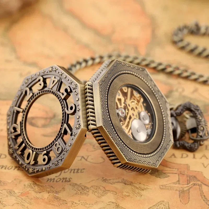 Bronze Hollow Octagon Shape Men Women Handwind Mechanical Pocket Watch Skeleton Clock FOB Pendant Chain Roman Number Display