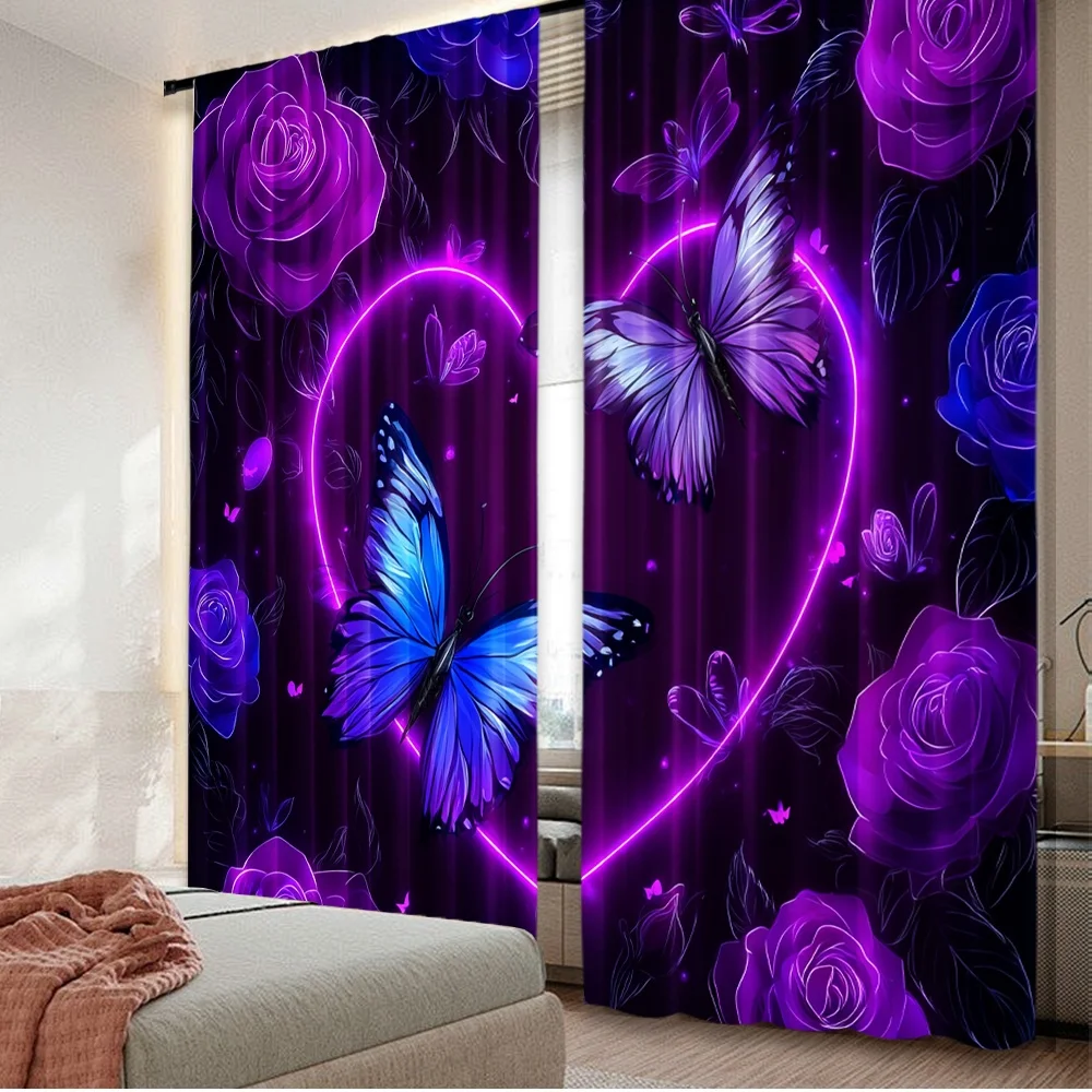 2D flat printing 2pcs Window Drapes Glowing Butterflies Fantasy Digital Printed Polyester Drapes Family Party Use for Event