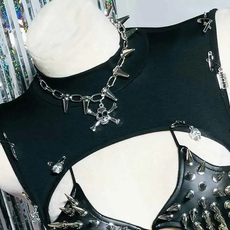 

E-Girls Studded Rivet Punk Rock Club Wear 2025 Y2K TOPS Grunge DIY Gothic Tank Hand Made Skull Kawaii Emo Harajuku Goth Cyber