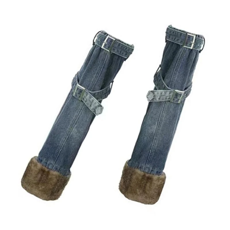 

Furry Spliced Denims Leg Warmers for Women Punk Buckled Bandaege Harajuku Jeans Boot Covers Thigh Long Socks Streetwear 15UB