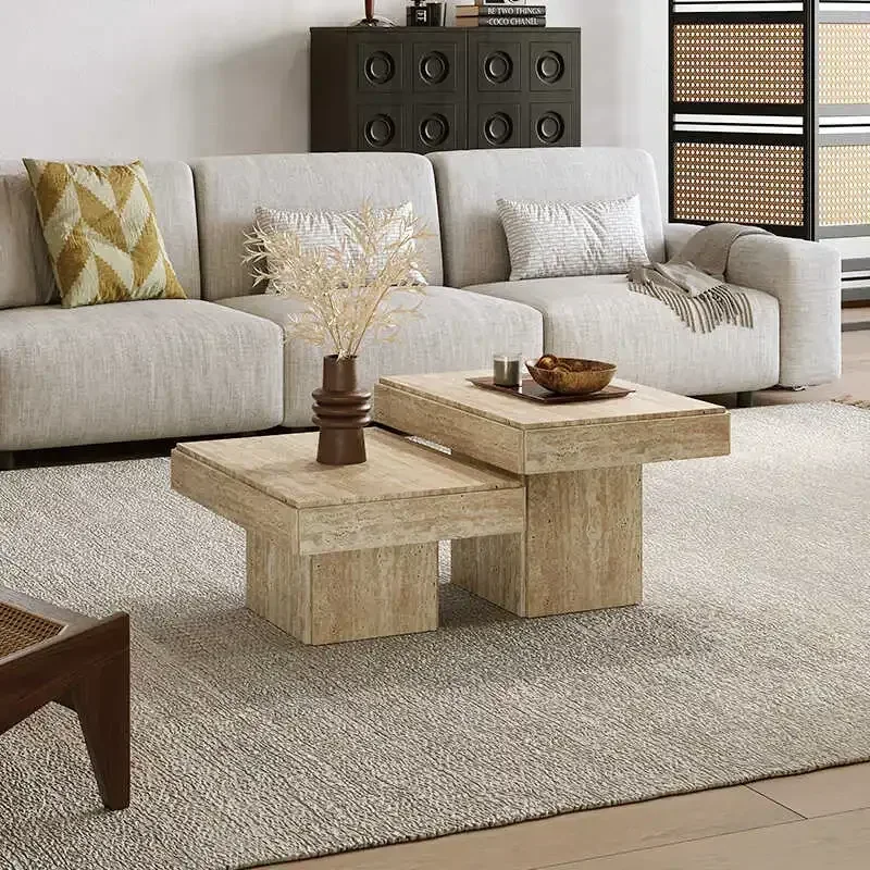 

New Travertine coffee table size combination villa square small tea table living room luxury stone high sense