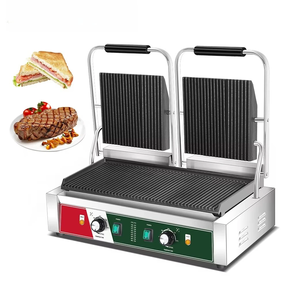 Electric Stainless Steel Multifunctional Adjustable Thermostat Upper Lower Slot Countertop Baking Pan Double Panini Steak Frying
