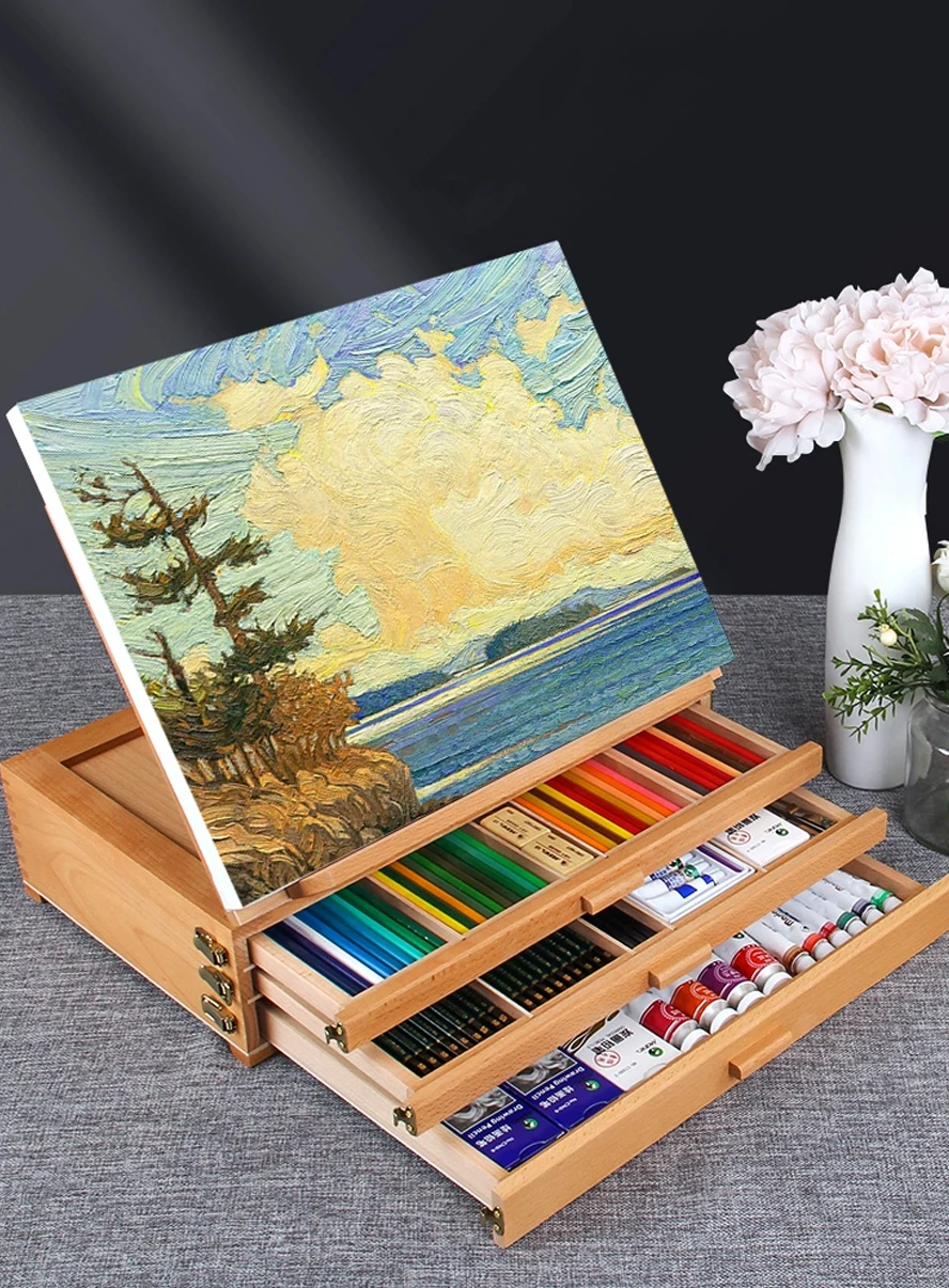 

Beech Foldable Flat Easel Dual-Purpose Oil Painting Stand Foldable Adjustable Easel Children Sketch Painting portable drawer
