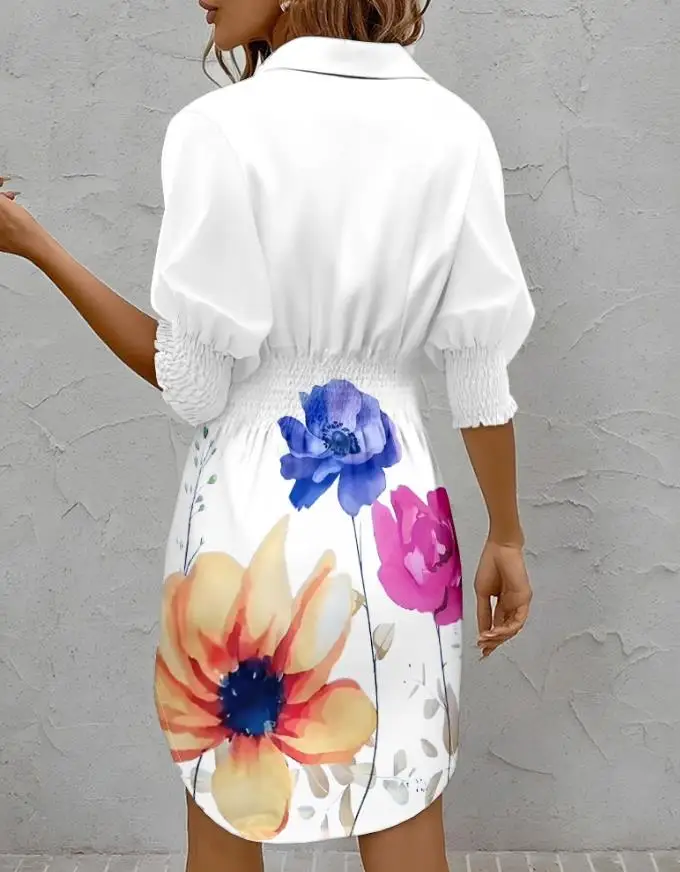 

Flower Print Lapel Long Sleeved Waist Cinched Dress Autumn New Fashion Women Lantern Sleeves Waist Cinched Button Up Shirt Dress
