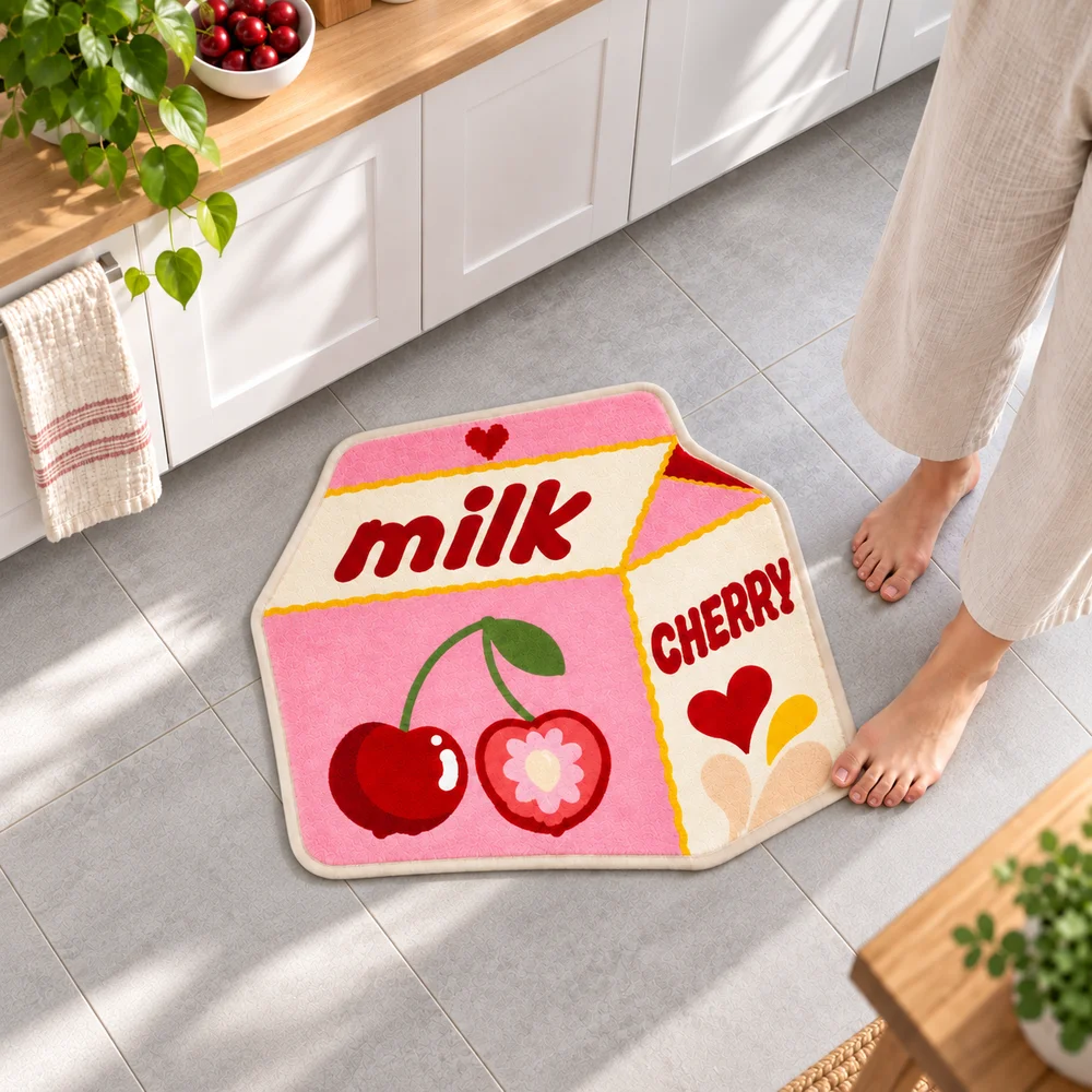 Cherry Milk Carton Irregular Flannel Rug, Sweet Pink Fruit Floor Mat for Kitchen Bedroom Entryway Decor and Housewarming Gift