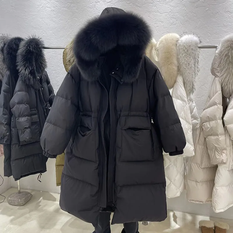 Lange Puffer Jacke Frauen 2022 Neue Winter 90% Weiße Ente Unten Mantel Weibliche Dicke Warme Mit Kapuze Große Waschbären Pelz Schnee parkas