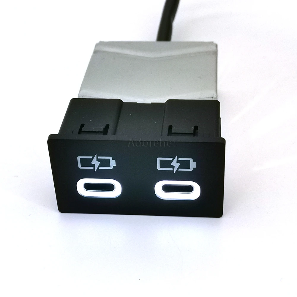 1PC White LED Light Dual TYPE-C Socket Car Fast Charger Power Adapter for Toyota Camry Corolla RAV4 Land Cruiser 18-22