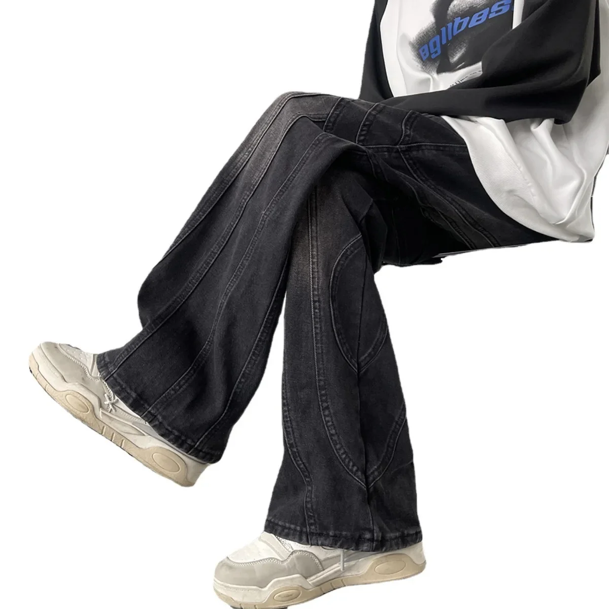 American Retro Hip Hop Stitching Black Jeans Men Y2K Street Fashion Straight Mop Pants Punk Rock Casual Denim Trousers Korean