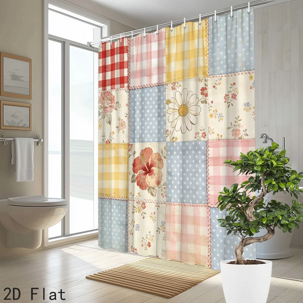 Cute Floral Patchwork Quilt Shower Curtain Waterproof Polyester Liner for Bathroom Decor Home Decoration