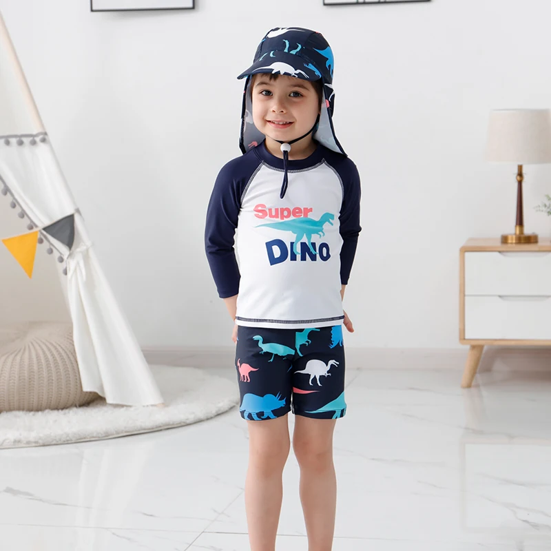 

2~13Y Sunscreen Kids Swimsuit 3 Piece Dinosaur Print Long Sleeve Baby Boys Swimwear with Hat Children Beach wear Bathing Suit