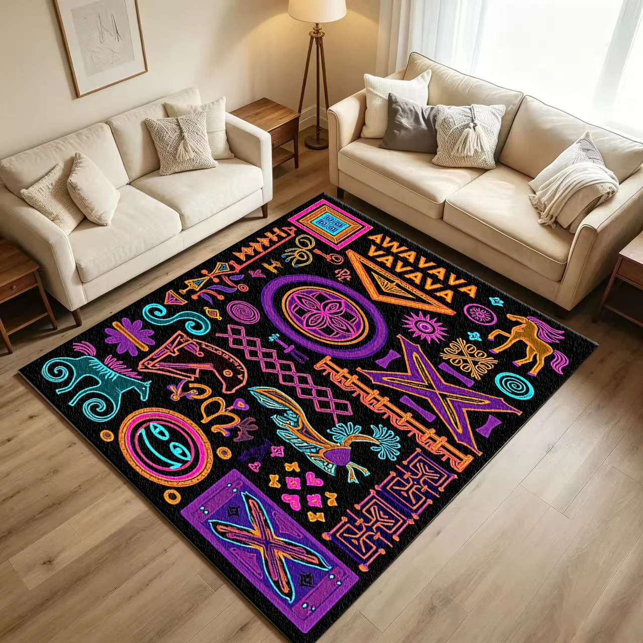 Bright Tribal Ethnic Symbol Pattern Carpet Flooring Bohemian Creative Floor Rug