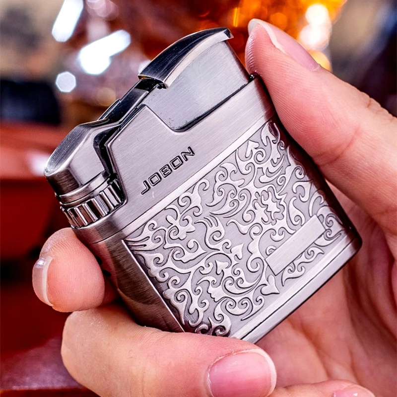 JOBON Embossed Butane Gas Lighter Jet Metal Windproof Torch Cigarette Cigar Lighter Retro Press Ignition Smoking Accessories view 4
