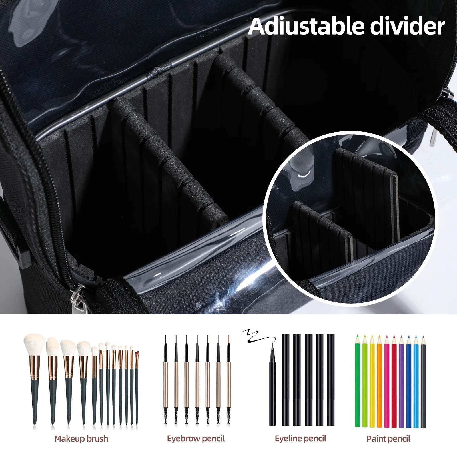 Transparente PVC Maquiagem Brush Holder, Clear Cosmetics Tool Organizer, Saco com bolsa de ombro