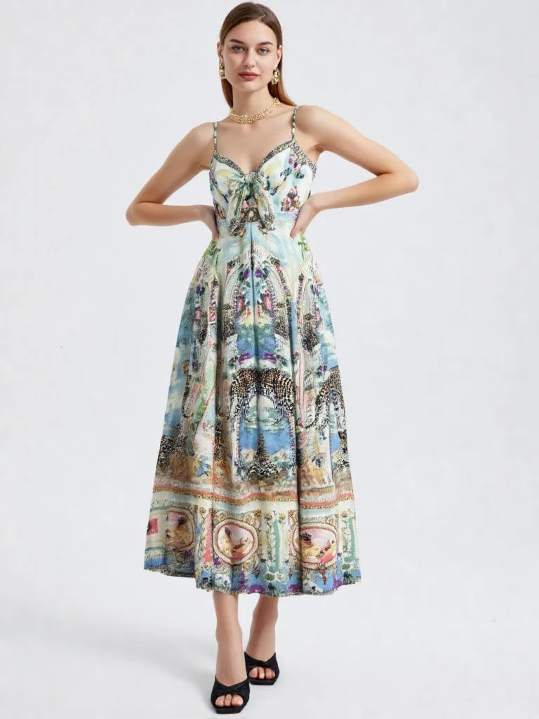 

Summer Oil Printing Holiday Long Dress Vintage Spaghetti Straps Bow Beach Dresses For Womens 60507