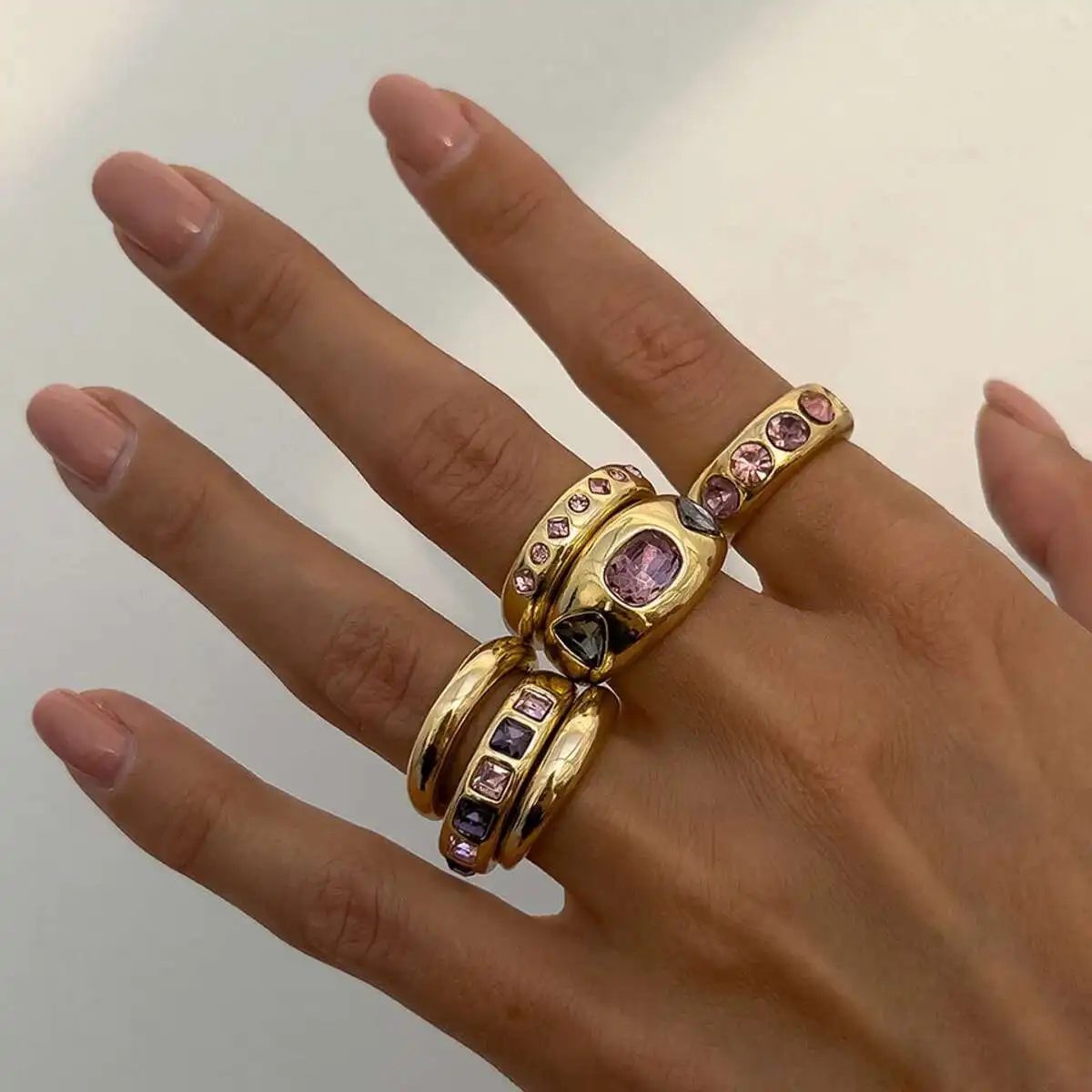 Ingemark 6Pcs Creative Inlaid Purple Rhinestone Opening Ring Set Women 2025 Trendy Simple Metal Finger Rings Jewelry Accessories