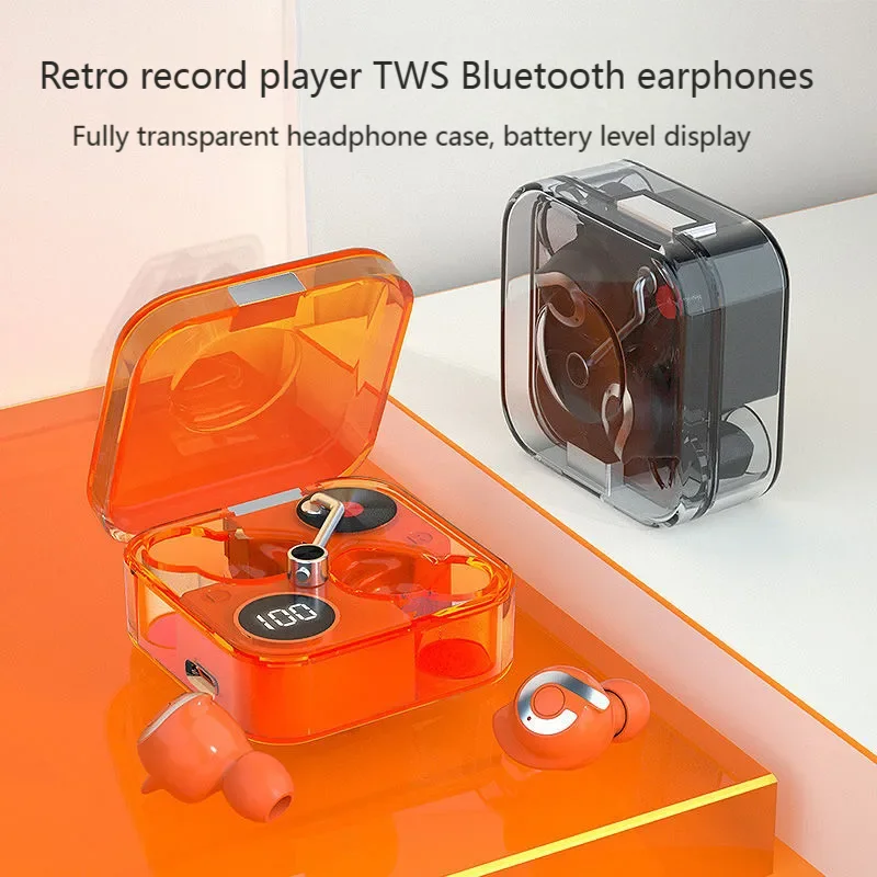 

Retro Record Player Bluetooth Earphones Transparent Battery Level Display HIFI Stereo Touch Control Wireless In-Earbuds With Mic