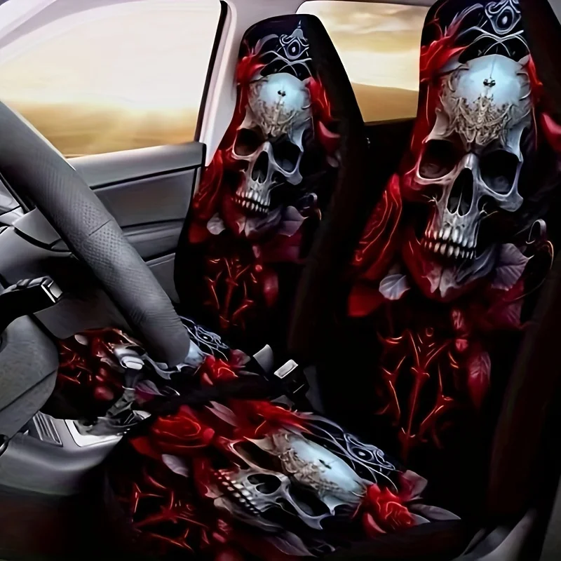 

Чехлы на автомобильные сиденья с красным черепом — универсальная посадка, нескользящие защитные накладки на передние сиденья из полиэстера с цветочным узором, всесезонный комфорт, фрон