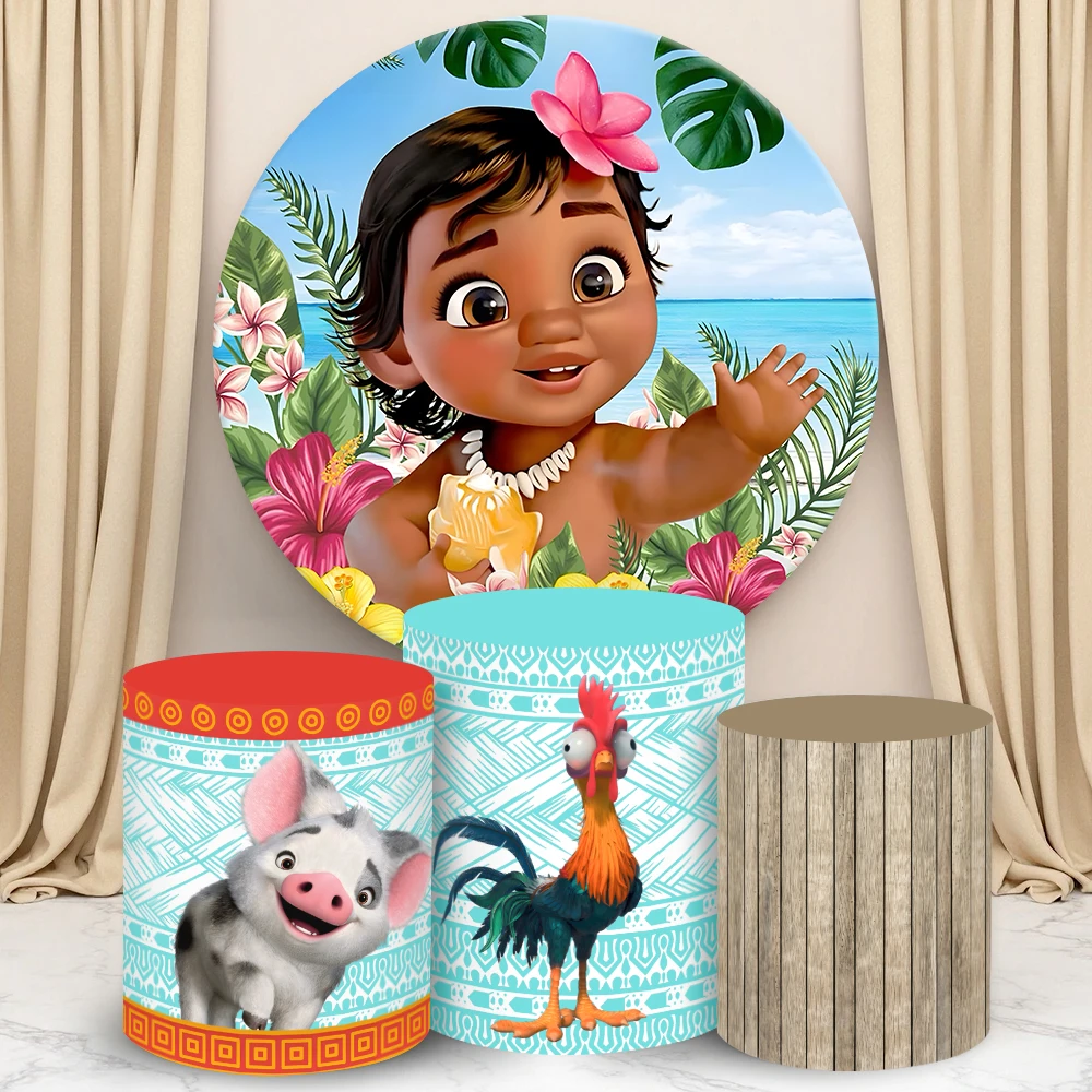 

Baby Moana Round Cylinder Backdrop Cover Disney Birthday Party Decoration Hawaii Photograph Background Wood Cylinder Cake Cover