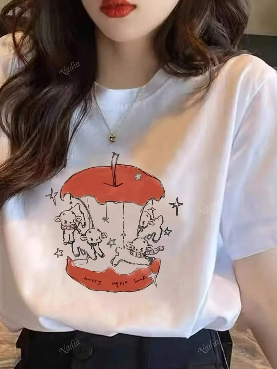 2025 Casual Fairy Tale Themed Tee White Short Sleeve with Unique Apple Print Cute T Shirt Clothing Tee Female Tops