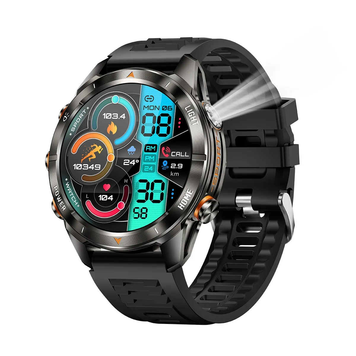 

2025 KT80 Smart Watch 3ATM Waterproof Original Design Men Bluetooth Call Health Monitor with Strong Flashlight 100+ Sports Modes