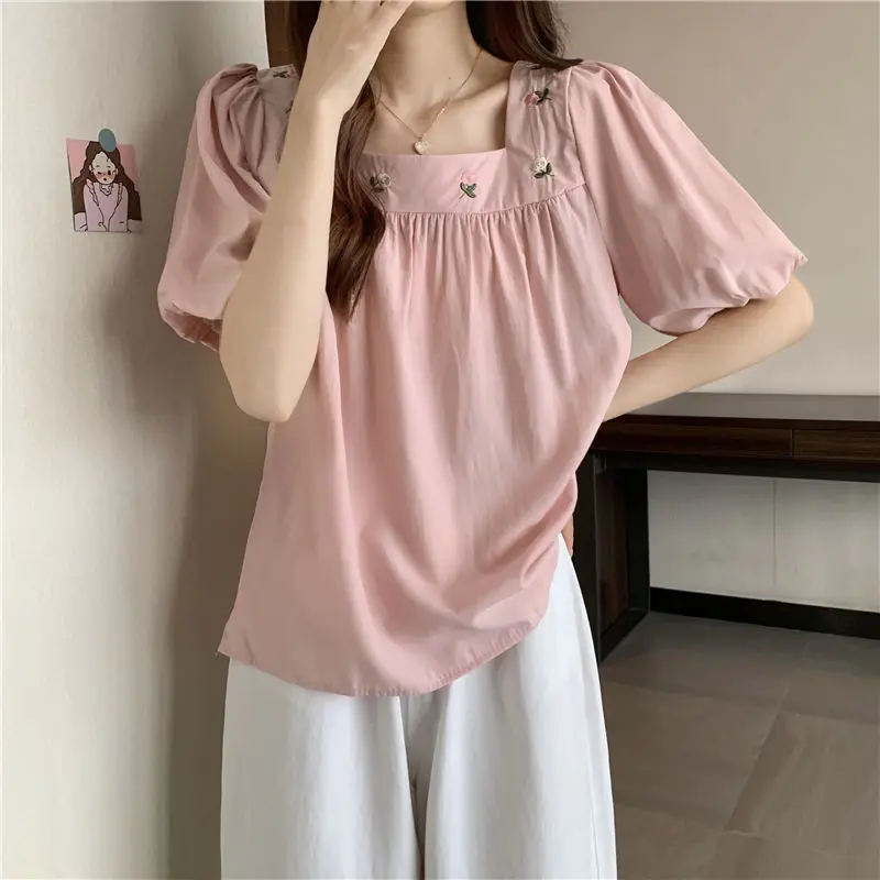 Women Stylish Vintage Embroidery Sweet Kawaii Blouses Square Collar Chic Short Sleeve Shirts Female Solid Loose Tops 2024 Summer