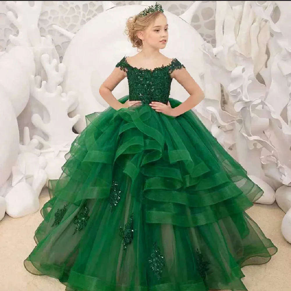 

Green Flower Girl Dress Appliqué Spoon Collar Pageant for Baby Beaded Ruffles Tulle for Wedding Kids Princess Party Communion