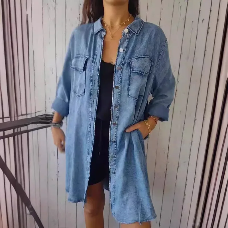 

Модная уличная женская длинная рубашка с лацканами 2026, винтажная маленькая свободная повседневная куртка-кардиган средней длины с лацканами