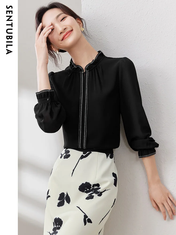 

SENTUBILA Pullover Chiffon Blouses for Women Fashion 2024 Autumn Office Ladies Stand Collar Long Sleeve Tops Shirts M33V50343