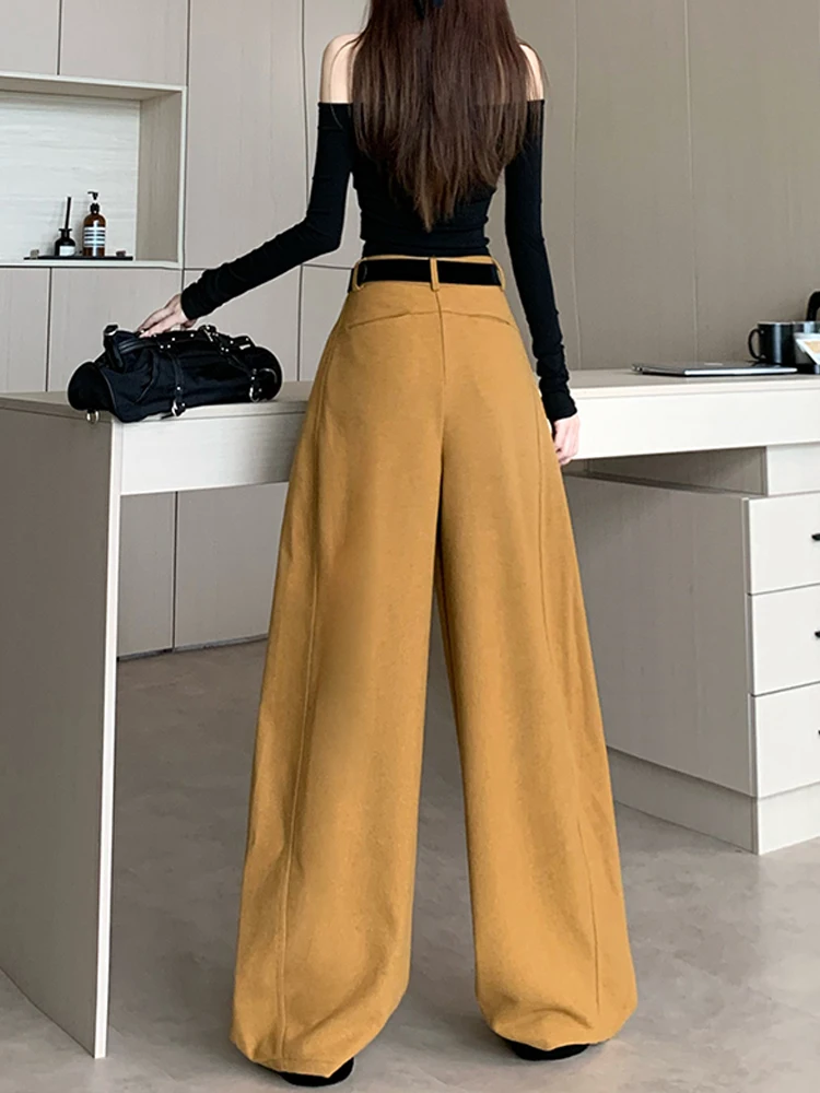 Traje Retro, pantalones de pierna ancha para mujer, diseño de otoño e invierno, pantalones con cuchillo curvo de pierna recta sueltos informales de cintura alta