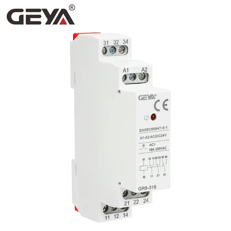 GEYA Din 레일 타입 스위치 릴레이, 중간 릴레이 보조 릴레이, GR8 AC DC 12V, 24V, 48V, 8A, 16A, ROHS 승인