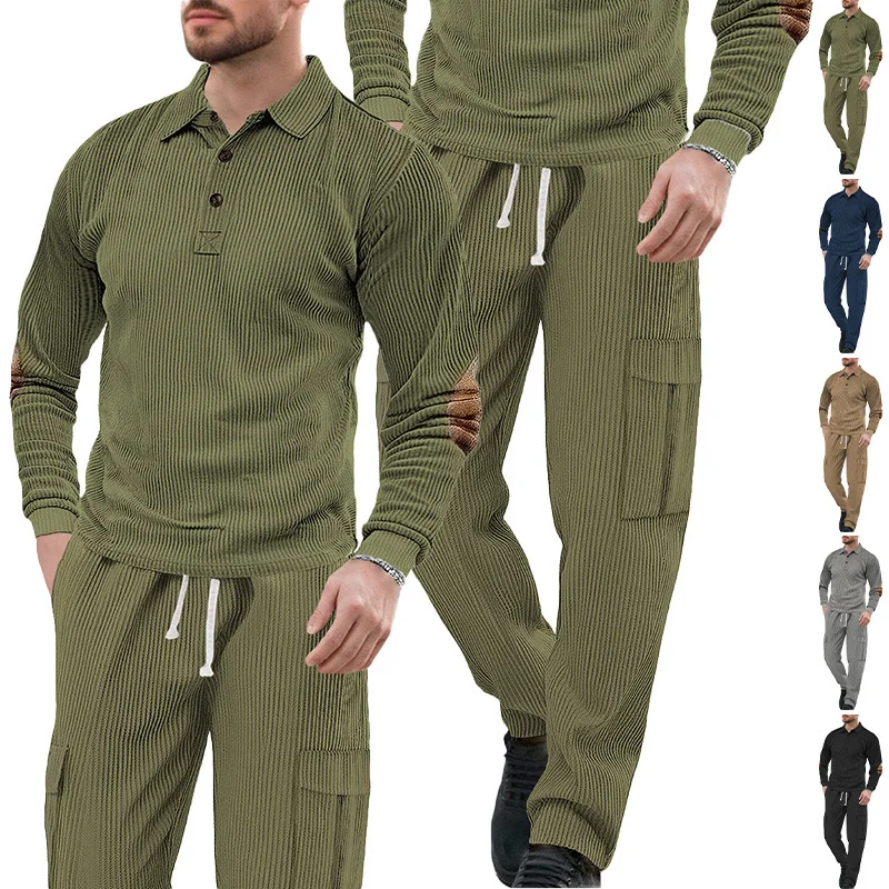 

2025 Spring and Autumn men's long sleeved two-piece collar shirt, long pants, loose work clothes, casual sportswear set