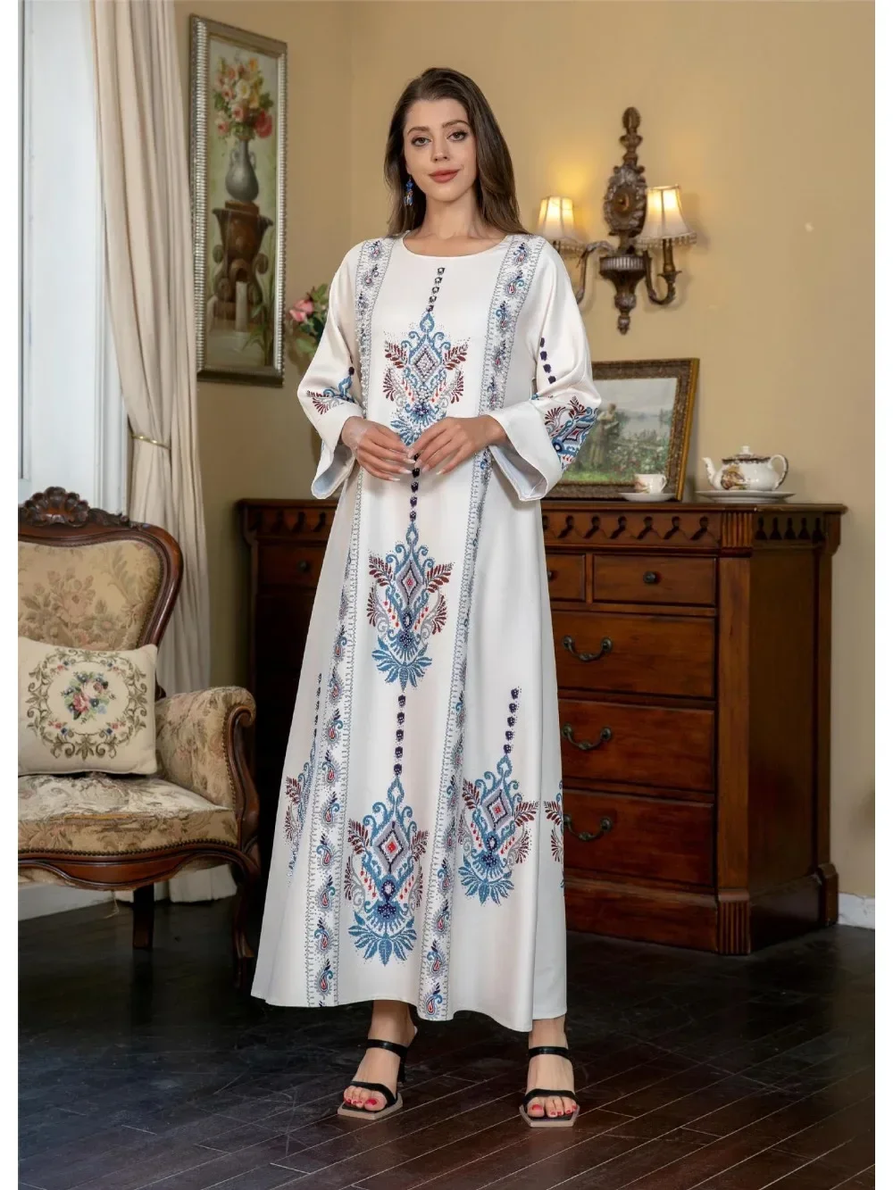 Ramadan marocain caftan Eid musulman Abaya pour les femmes robes de soirée perles Jalabiya dubaï Abayas Islam imprimer robes arabe longue Robe