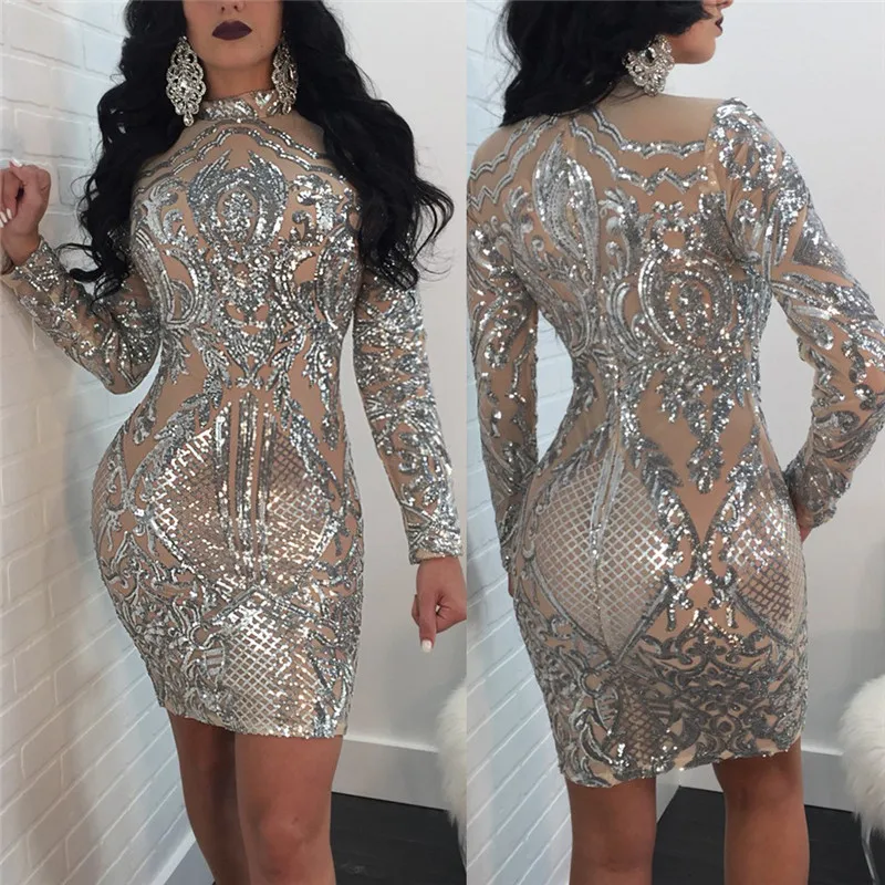 

Long Sleeve Women Sequin Dress Autumn Winter Silver Sparkly Bodycon Dress Elegant Sexy Night Club Celebrity Glitter Party Dress