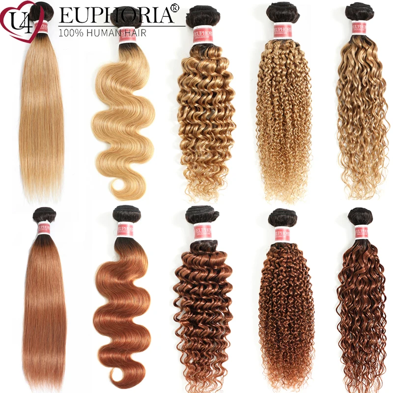 EUPHORIA-Pacotes de Cabelo Remy Brasileiro, Cabelo Humano Encaracolado de Água Profunda, Corpo Liso, Loiro Ombre, 27 Castanho, 1 PC