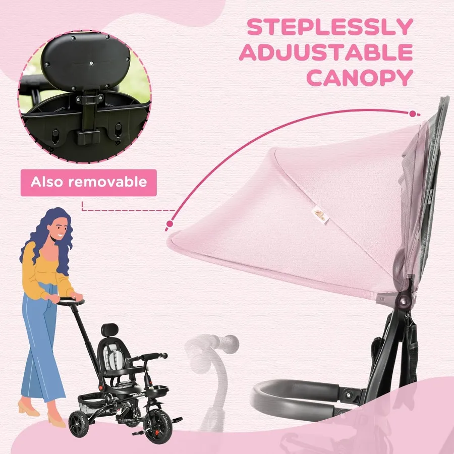 Rowerek trójkołowy 4 w 1 składany z odwracalnym siedziskiem, regulowanym uchwytem dla rodziców, pasami bezpieczeństwa, hamulcami na kołach, odpinanym daszkiem i schowkiem.