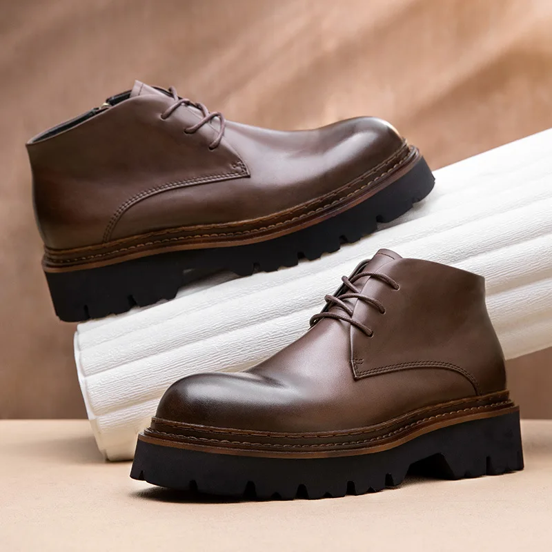 Fashion Genuine Leather Mens Ankle Boots Handmade Quality Comfortable Elegant Platform Black Retro Wedding Social Shoes for Male image 3